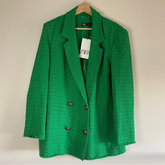 ZARA Textured Green double breasted blazer - Picture 5 of 10